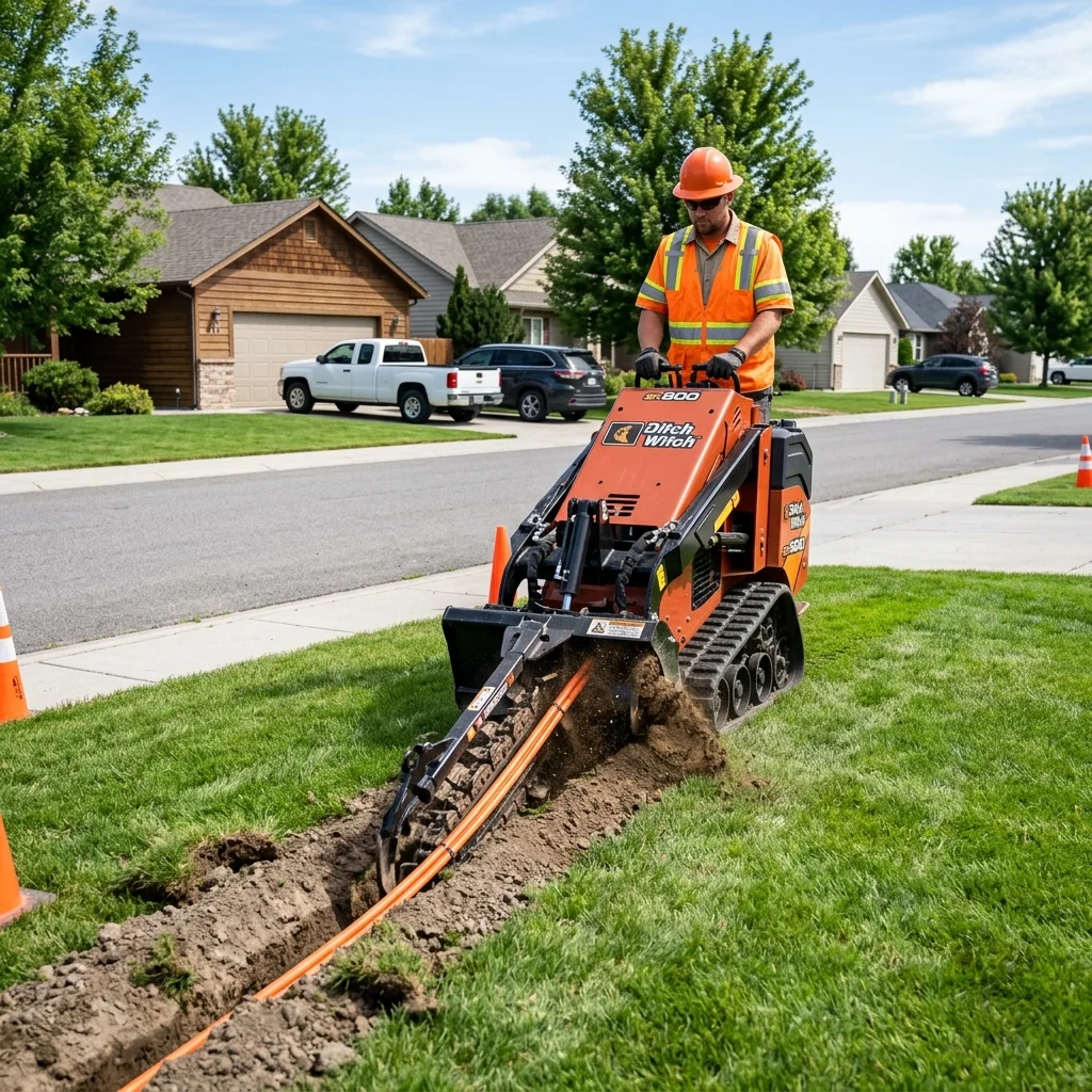 Ditch Witch trencher installing fiber optic conduit in residential yard