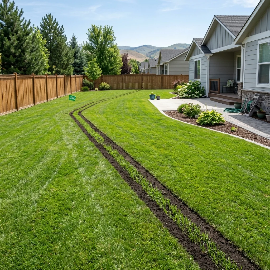 Restored residential lawn after fiber optic utility trenching and re-landscaping
